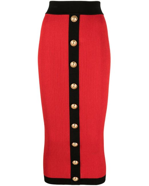 Gonna midi a maglia con bottoni rossa e nera di Balmain in Red