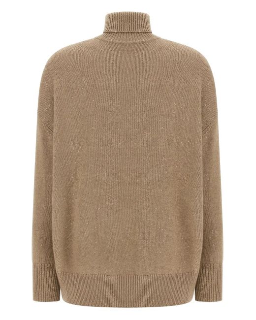 Brunello Cucinelli Brown Sequin-Applique High-Neck Sweater