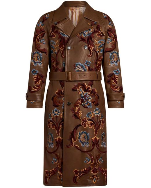 Etro Brown Leather Trench Coat With Embroidery for men