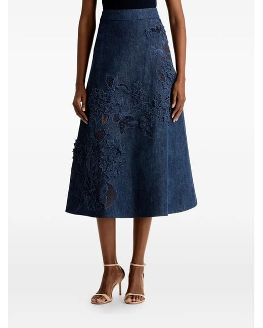 Oscar de la Renta Blue Porcelain-Flower Cutout-Detail Midi Skirt