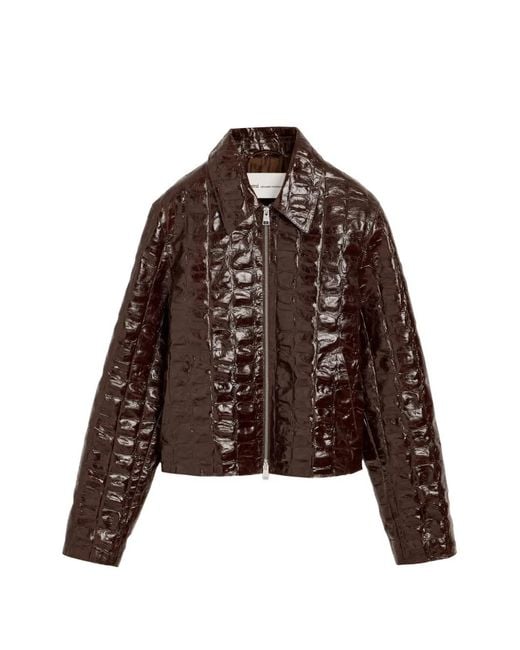 AMI Brown Crocodile-Embossed Cowhide Leather Zipped Jacket