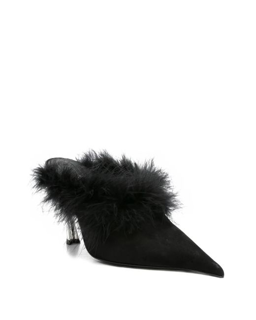 Mugler Black 110Mm Feather-Trim Pointed-Toe Mules