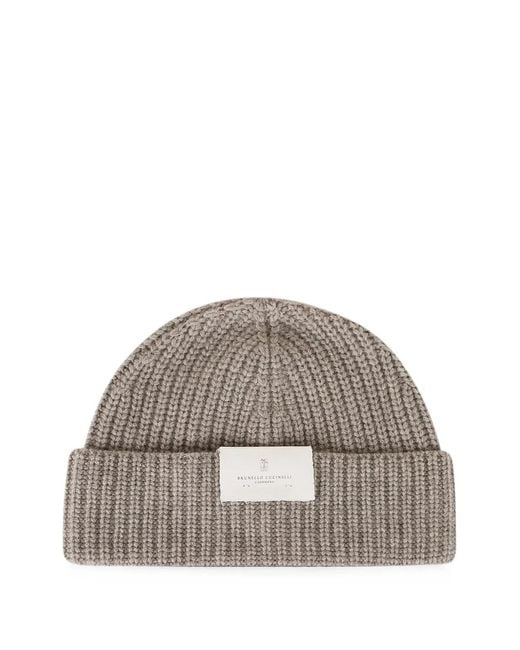 Brunello Cucinelli Gray Ribbed-Knit Beanie Hat for men