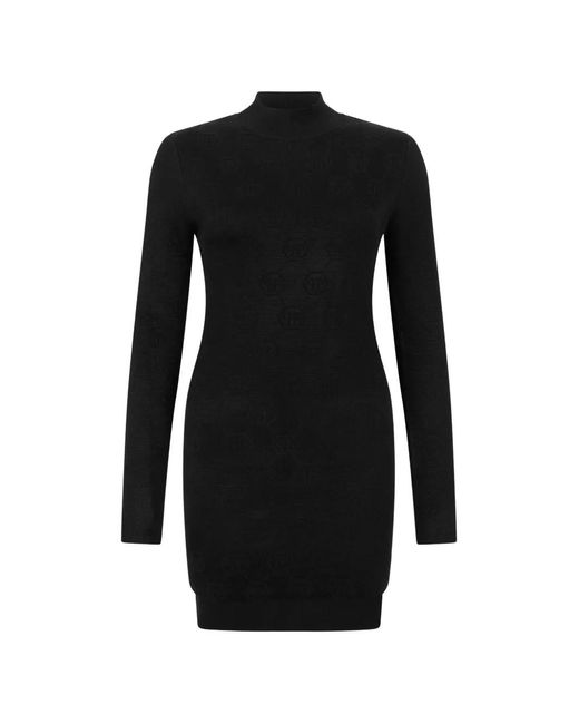 Philipp Plein Black Robe Courte À Motif Monogrammé Et Manches Longues