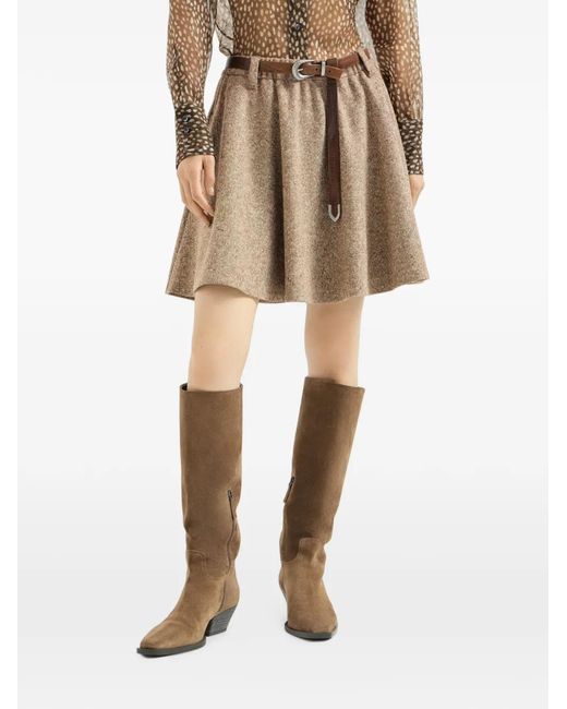 Brunello Cucinelli Brown Virgin Wool Donegal Mini Circle Skirt With Monili