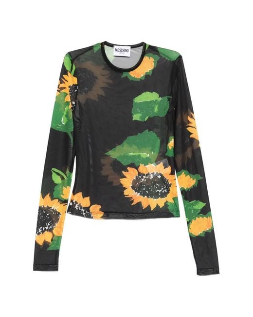Moschino Green Sheer Long-Sleeve Top With Sunflower Print