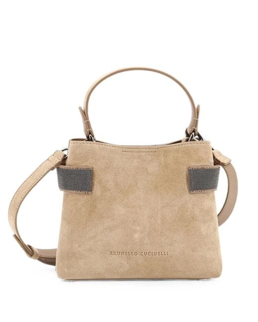 Brunello Cucinelli Natural Mini Essence Monili-Embellished Suede Tote Bag