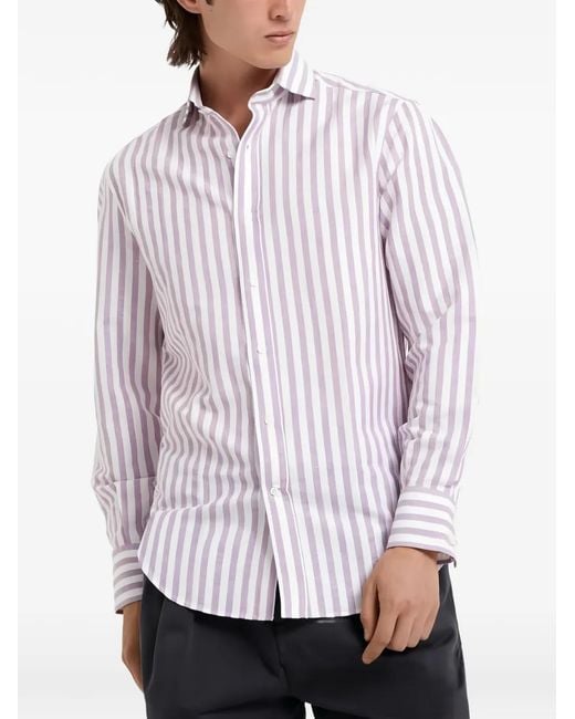 Brunello Cucinelli White Vertical-Stripe Cotton Shirt for men