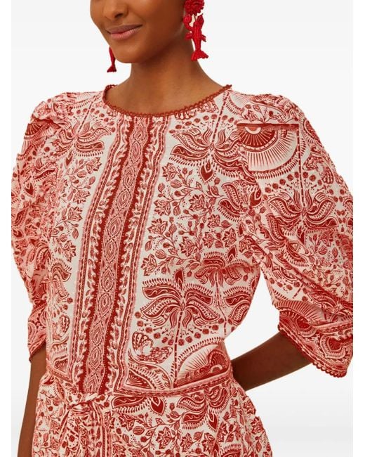 Farm Rio Red Puff-Sleeve Patterned Top