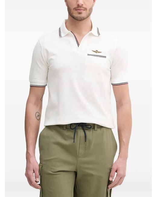 Aeronautica Militare White Logo-Embroidered Striped-Trim Polo Shirt for men