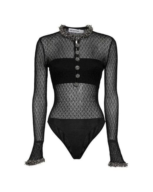 Self-Portrait Black Embellished Open-Knit Bodysuit