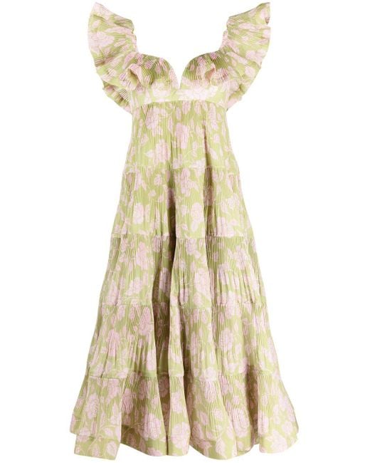 Zimmermann Green Lovestruck Pleated Floral-print Gown