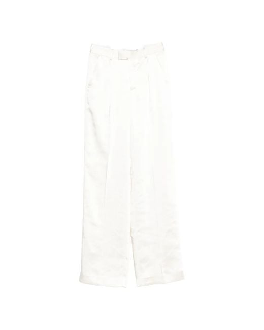 Self-Portrait White Pleated Satin-Finish Tailored Trousers
