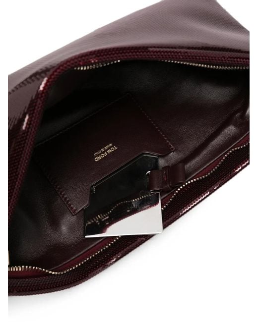 Tom Ford Brown Sequin-Embellished Leather-Trim Clutch Bag
