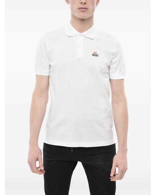 DIESEL White Logo-Print Piqué-Textured Polo Shirt for men