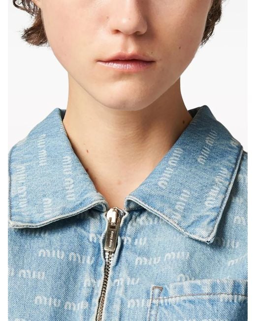 Miu Miu Logo-Print Cropped Denim Jacket in Blue | Lyst