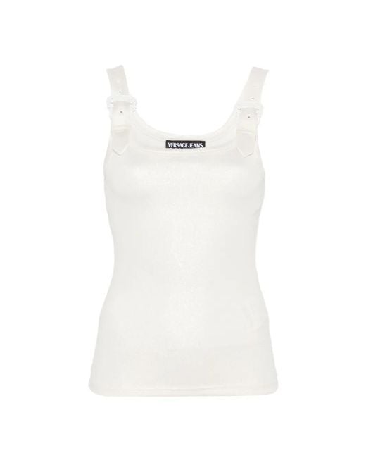 Versace Jeans Couture White Buckle-Detail Metallic-Finish Top