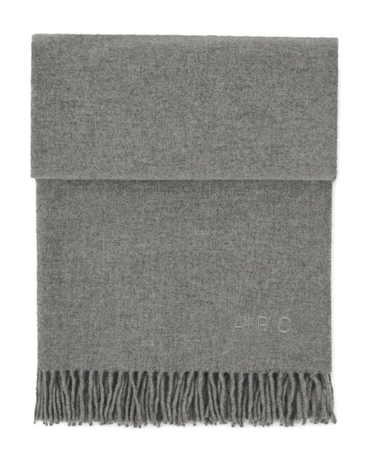 A.P.C. Gray Embroidered-Logo Fringed Scarf