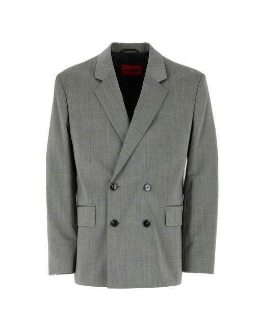 HUGO Gray Double-Breasted Peak-Lapel Jacket for men