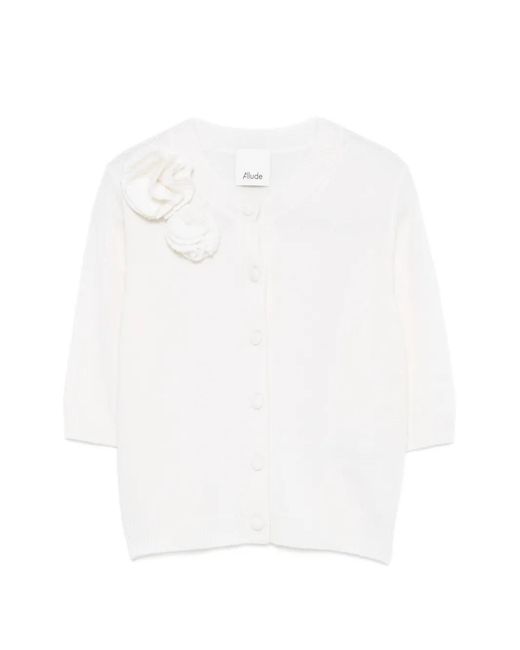Allude White Floral-Appliqué Short-Sleeve Cardigan