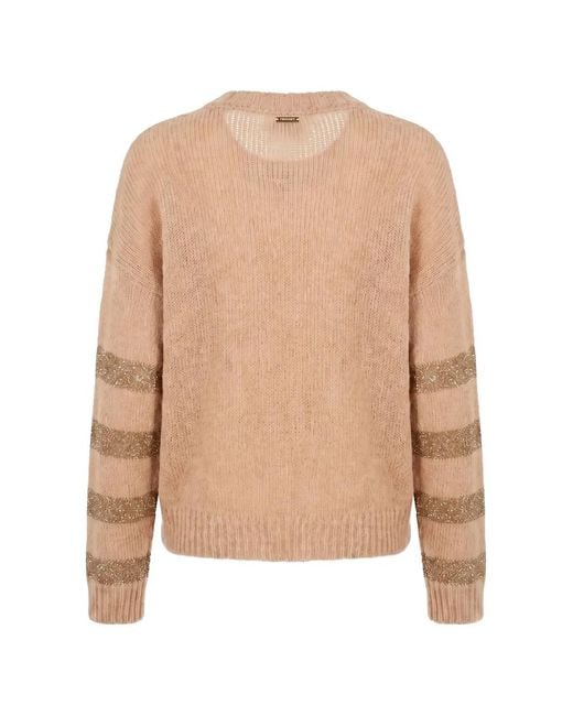 Twinset Natural Sequin-Striped Round-Neck Sweater