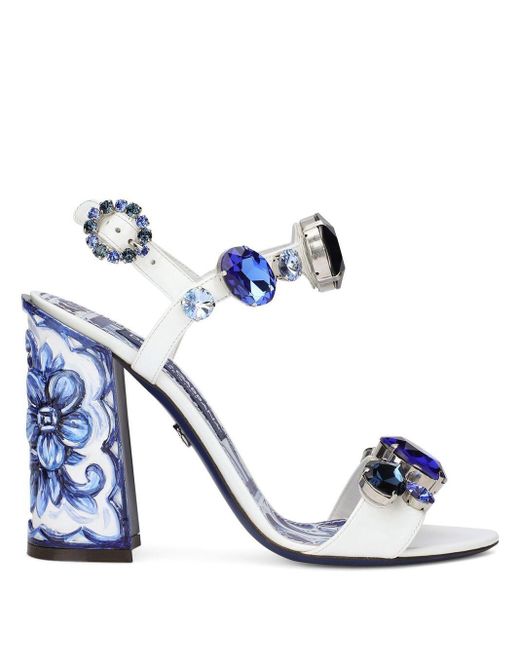 Dolce And Gabbana Majolica Print Crystal Embellished Sandals In Blue