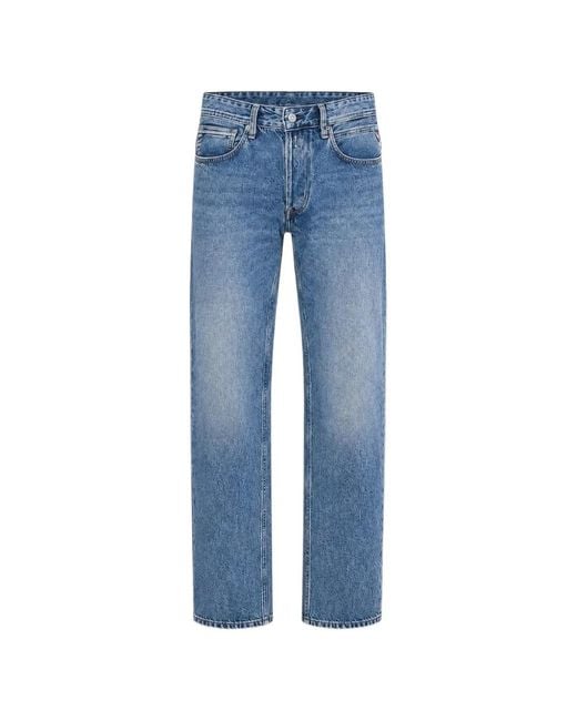 Replay Blue Faded-Effect Logo-Patch Jeans for men