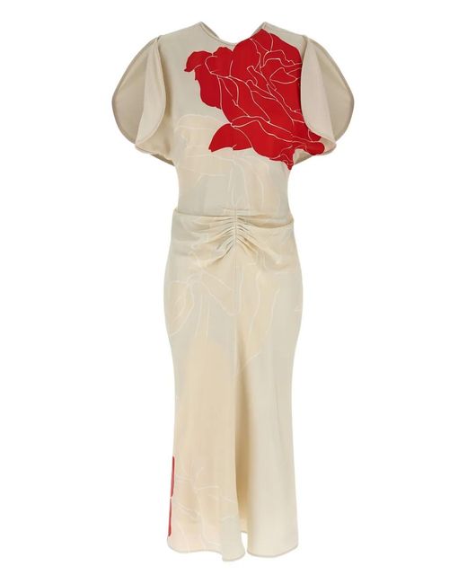 Victoria Beckham White Gathered-Waist Printed Midi Dress