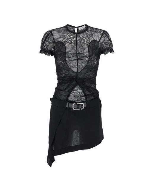 The Attico Black Belted Lace-Panelled Dress