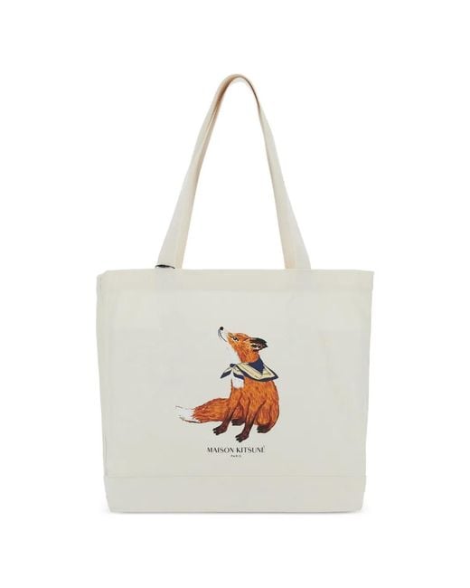 Maison Kitsuné White Fox-Print Tote Bag