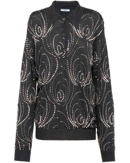 Prada Black Crystal-embellished Cashmere Polo Shirt
