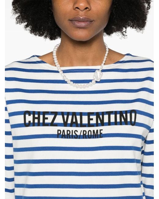 Valentino Garavani Blue Long Sleeve Cotton T-Shirt With Chez Print
