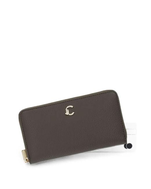 Coccinelle Gray Logo-Plaque Pebbled-Leather Wallet