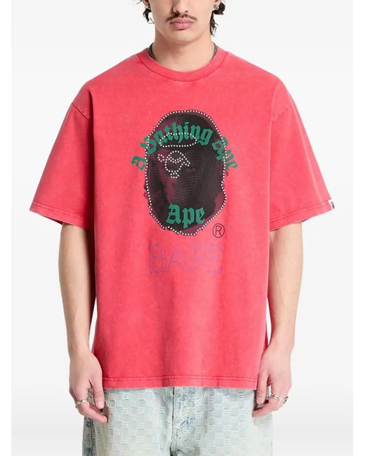 A Bathing Ape レディース ピンク Ape Head ラインストーン Tシャツ