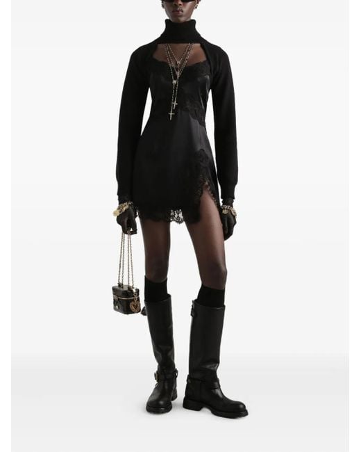 Dolce & Gabbana Lace-Trimmed Satin Slip Mini Dress in Black | Lyst