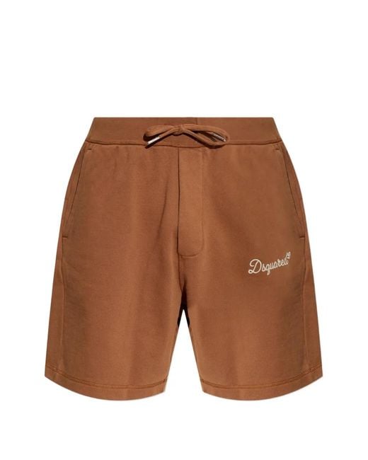 DSquared² Brown Drawstring Embroidered-Logo Track Shorts for men