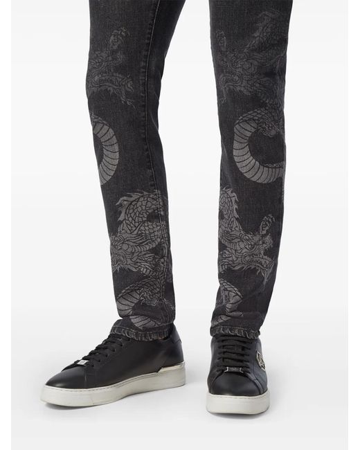 Philipp Plein Gray Dragon-Print Washed Straight-Leg Jeans for men