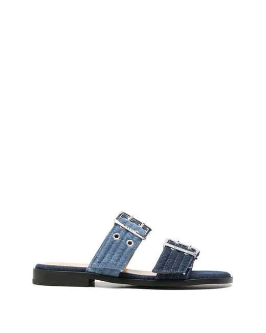 Ganni Blue Buckle-Detail Double-Strap Sandals