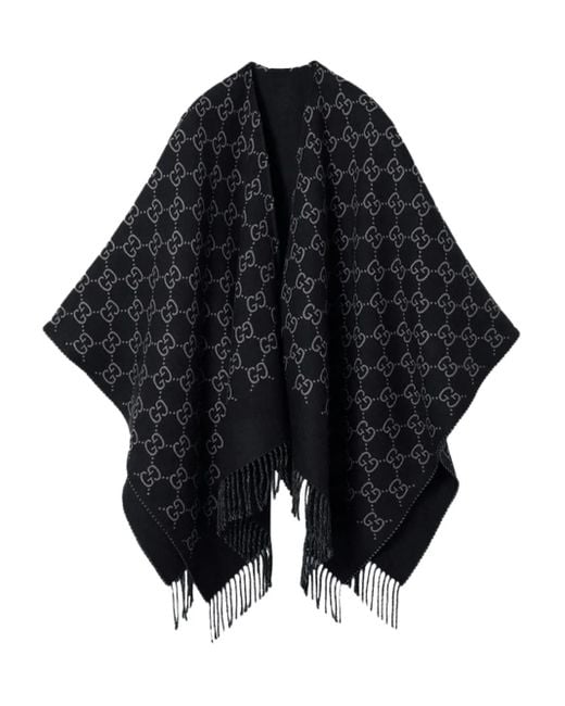 Gucci Blue Gg-Pattern Fringed Poncho