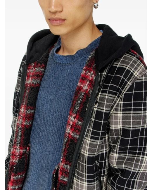 DIESEL Black Check-Flannel Bomber Jacket With Teddy Interior for men