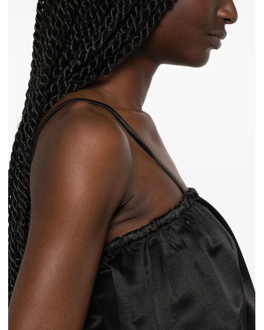 Soft Goat Black Gathered Spaghetti-Strap Blouse