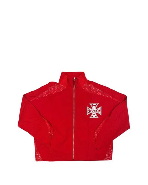 Mixed Emotions Red Crystal-Embellished Logo-Print Jacket for men