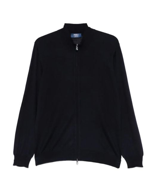 Fedeli Black Zip-Front Panelled Sweater for men