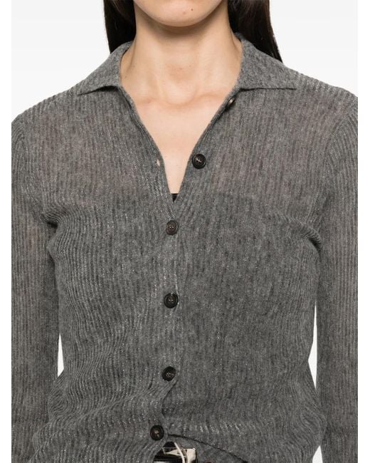 Brunello Cucinelli Gray Ribbed-Knit Button-Up Cardigan