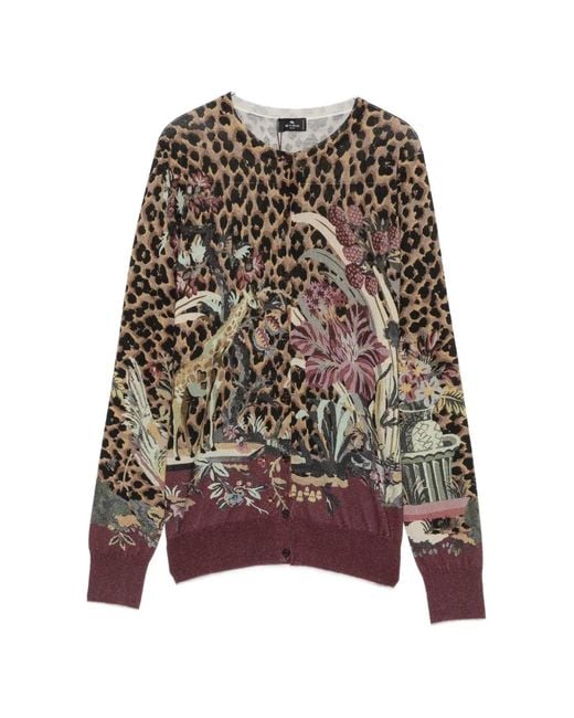 Etro Brown Leopard-Print Floral-Intarsia Cardigan
