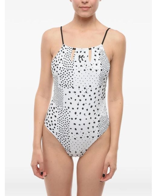 Karl Lagerfeld Blue Logo-Print Open-Back Swimsuit