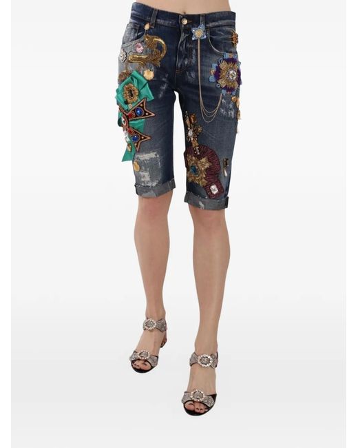 Dolce & Gabbana Blue Embellished Distressed Shorts
