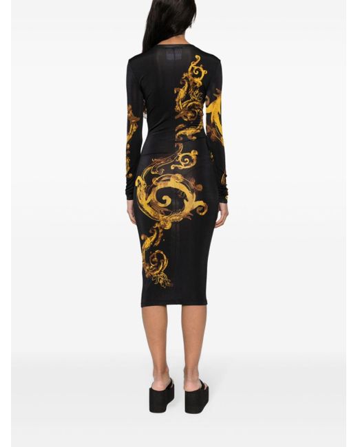 Versace Black Midikleid mit Watercolour Couture-Print