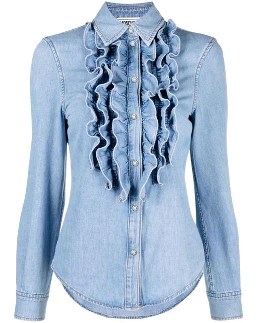 Moschino Blue Ruffled Washed-Denim Shirt