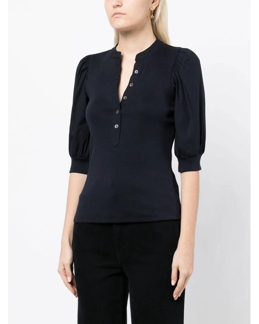 Veronica Beard Black Button-Up Puff Sleeves Top